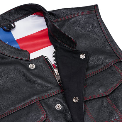 DS165 MEN'S LEATHER VEST WITH RED STITCHING AND USA INSIDE FLAG LININ