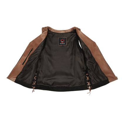 DS236 Women's Brown Zippered Vest with Lacing Details