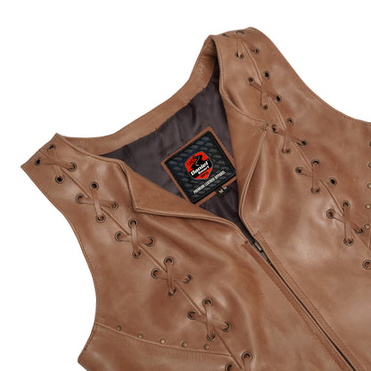 DS236 Women's Brown Zippered Vest with Lacing Details