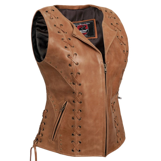 DS236 Women's Brown Zippered Vest with Lacing Details