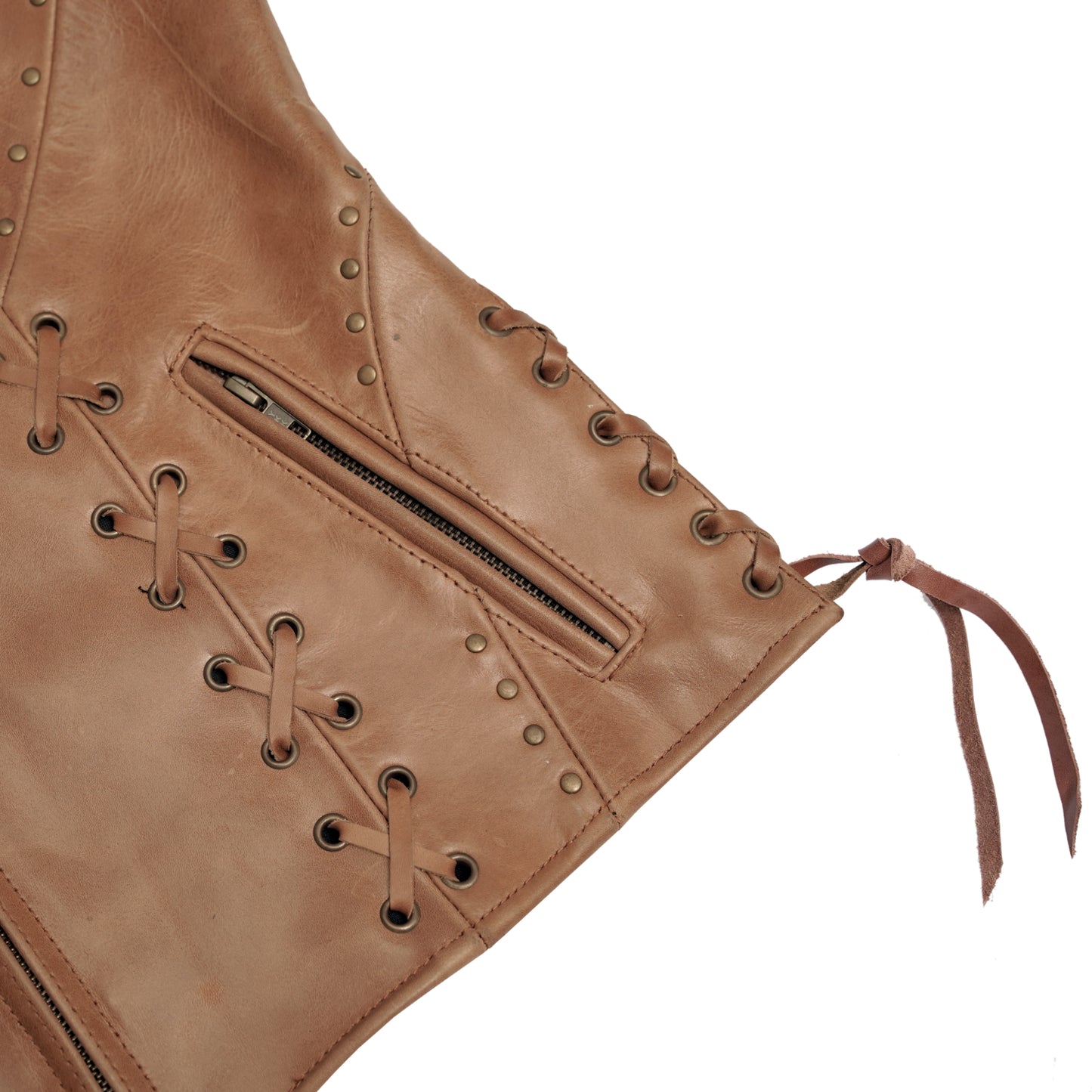 DS236 Women's Brown Zippered Vest with Lacing Details