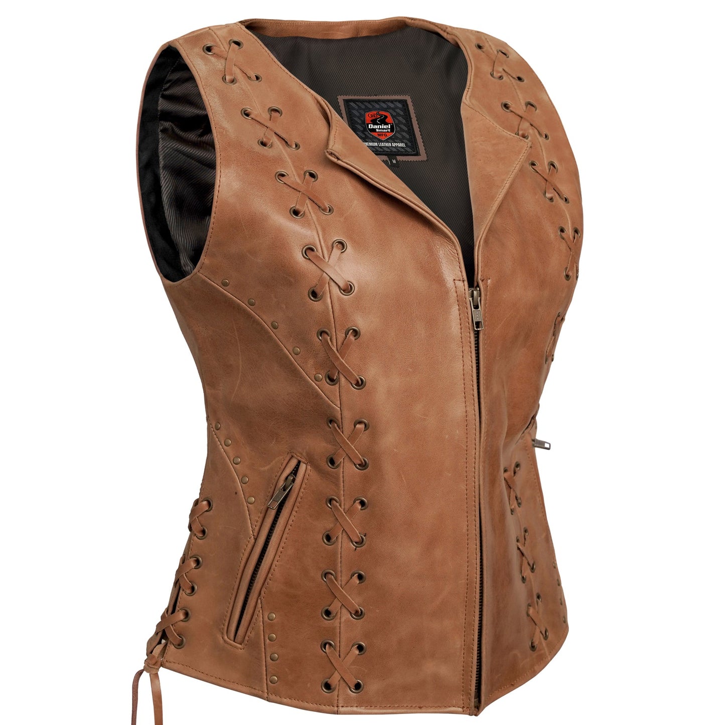 DS236 Women's Brown Zippered Vest with Lacing Details