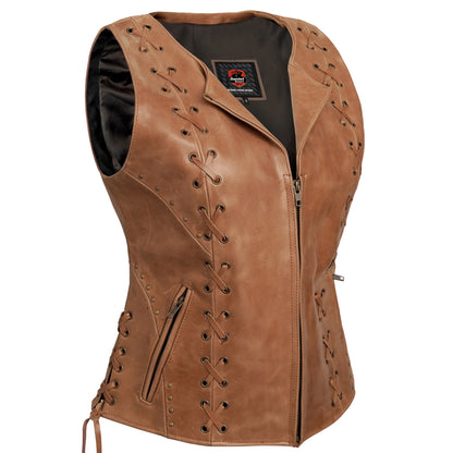 DS236 Women's Brown Zippered Vest with Lacing Details