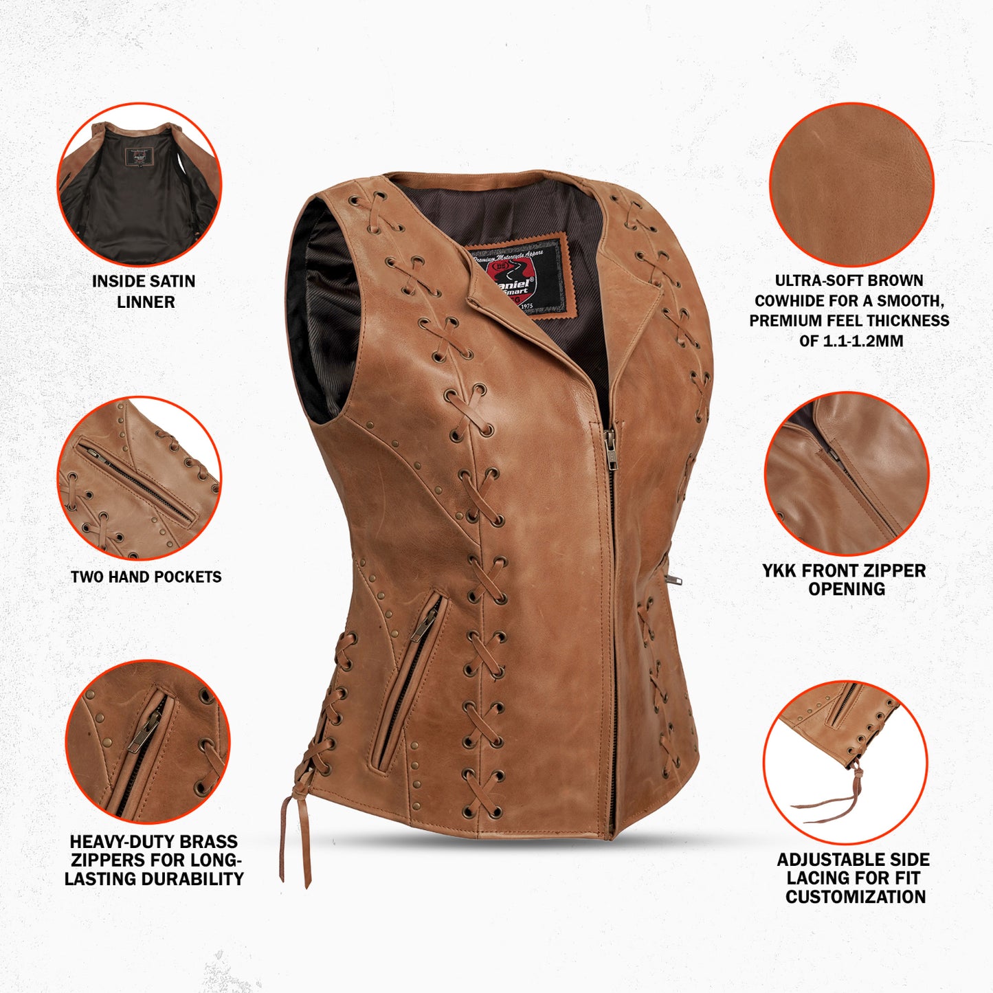 DS236 Women's Brown Zippered Vest with Lacing Details
