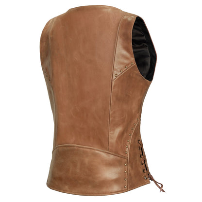 DS236 Women's Brown Zippered Vest with Lacing Details