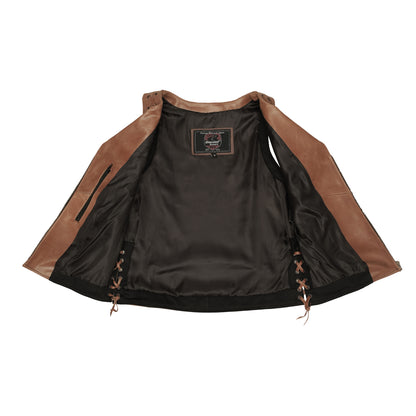 DS236 Women's Brown Zippered Vest with Lacing Details