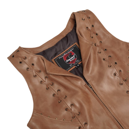 DS236 Women's Brown Zippered Vest with Lacing Details