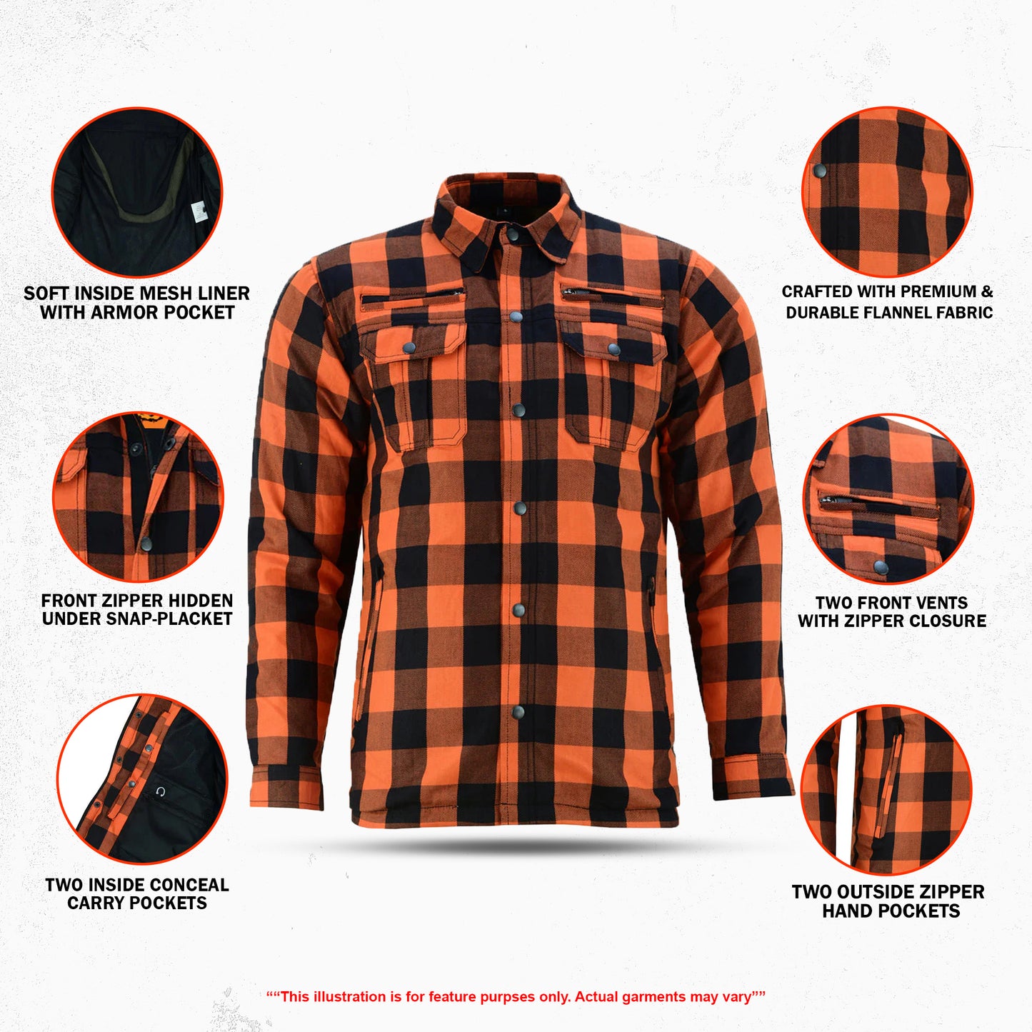 Armored Men's Motorcycle Flannel Shirts - Orange and Black