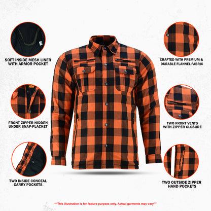 Armored Men's Motorcycle Flannel Shirts - Orange and Black