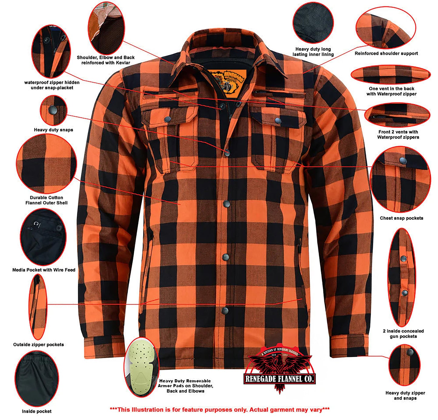 Armored Men's Motorcycle Flannel Shirts - Orange and Black