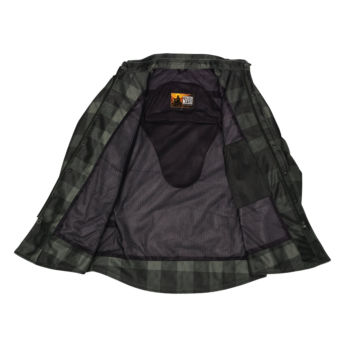 Cedar - Men's Mesh Armored Motorcycle Flannel Shirt - Green & Black