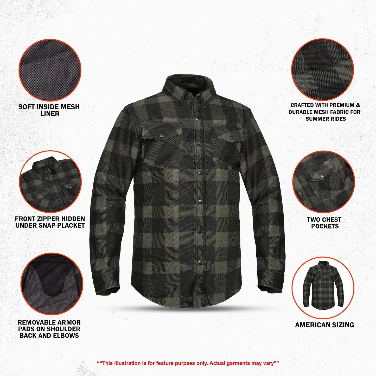 Cedar - Men's Mesh Armored Motorcycle Flannel Shirt - Green & Black