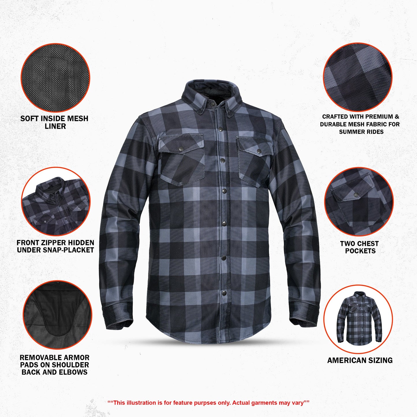 Moss Creek - Men's Mesh Armored Motorcycle Flannel Shirt - Gray & Black