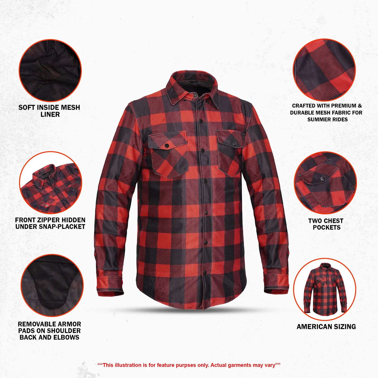 Revline - Men's Mesh Armored Motorcycle Flannel Shirt – Red & Black