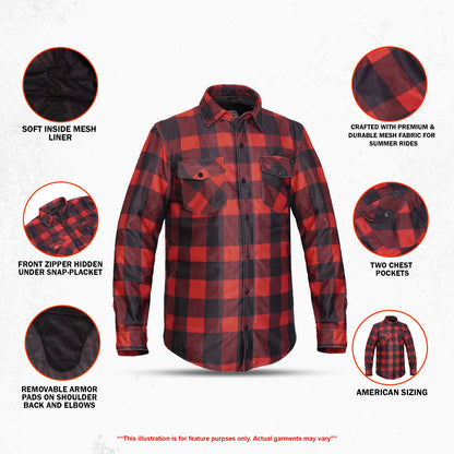 Revline - Men's Mesh Armored Motorcycle Flannel Shirt – Red & Black