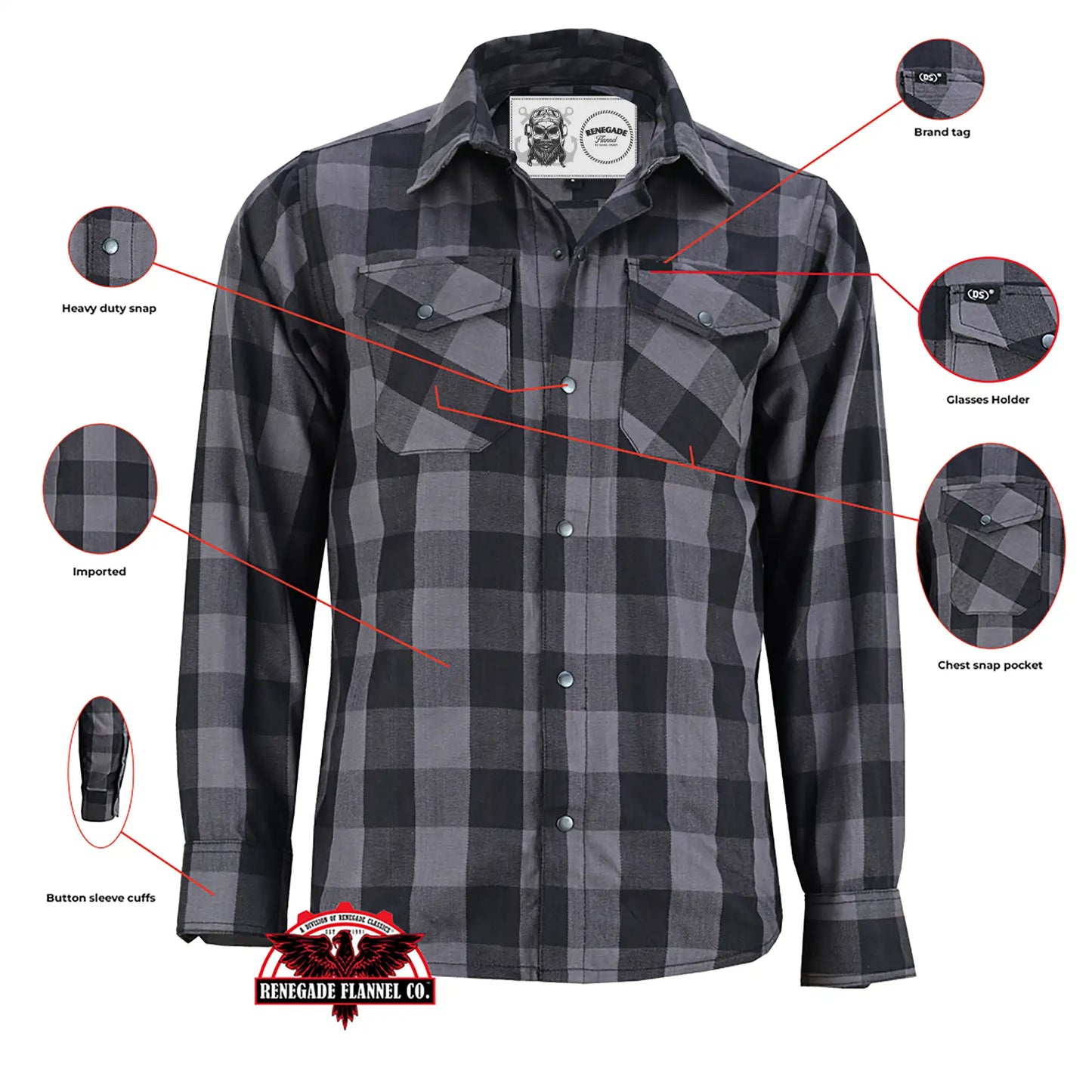 GravelKing - Men's Motorcycle Flannel Shirt - Black And Gray