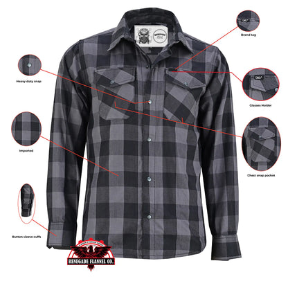 GravelKing - Men's Motorcycle Flannel Shirt - Black And Gray
