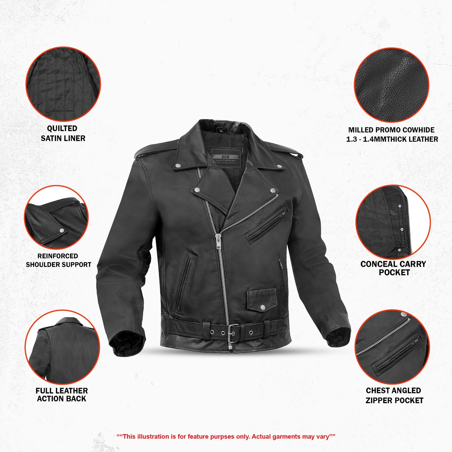 DS710 Economy Motorcycle Classic Biker Leather Jacket - Plain Sides