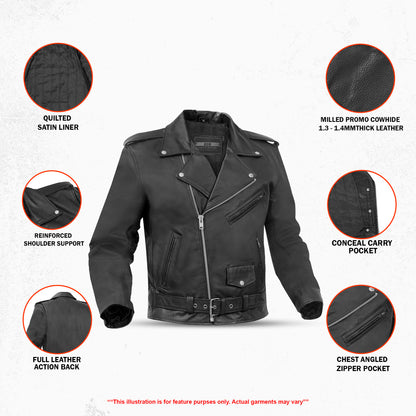 DS710 Economy Motorcycle Classic Biker Leather Jacket - Plain Sides