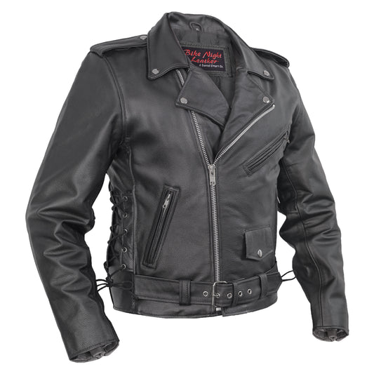 DS711 Economy Motorcycle Classic Biker Leather Jacket - Side Laces