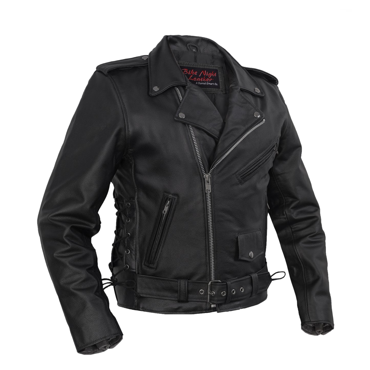 DS711 Economy Motorcycle Classic Biker Leather Jacket - Side Laces
