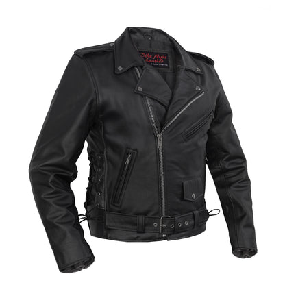 DS711 Economy Motorcycle Classic Biker Leather Jacket - Side Laces