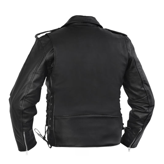 DS711 Economy Motorcycle Classic Biker Leather Jacket - Side Laces