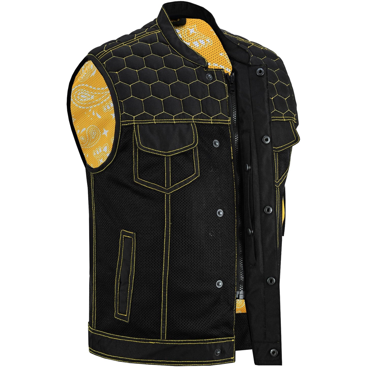 Gloom Gold Men’s Black Mesh Textile Vest with Yellow Thread Detailing