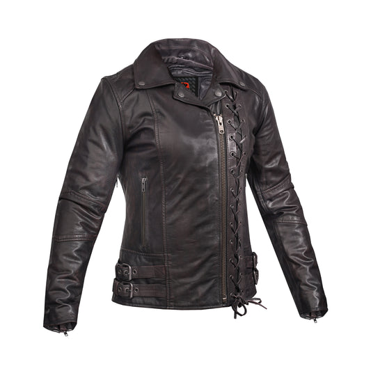 Black Pearl Women's Fashion Leather Jacket with Front Lace Accent