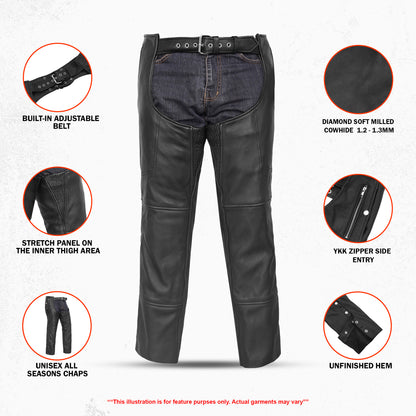 Unisex Double Deep Pocket Thermal Lined Leather Motorcycle Chaps