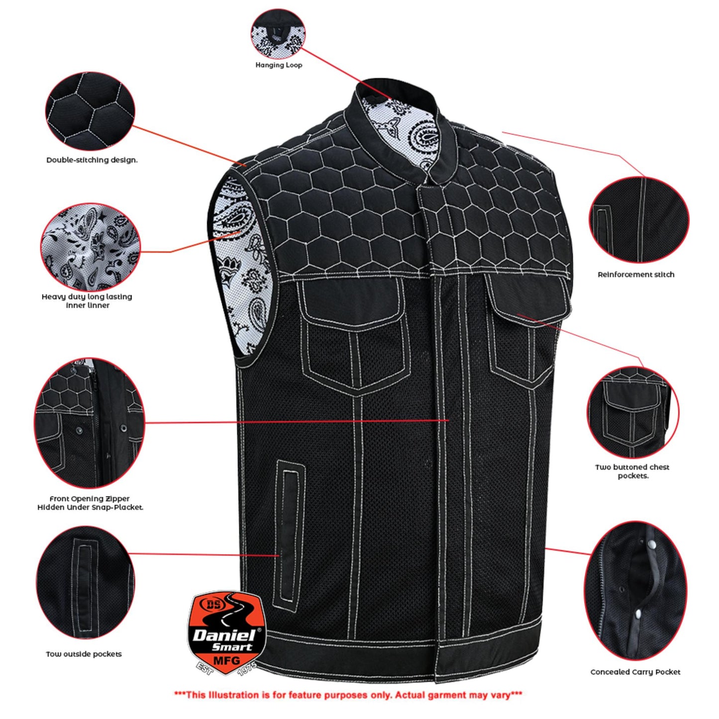 Dark Striker Men’s Black Mesh Textile Vest with White Paisley Liner