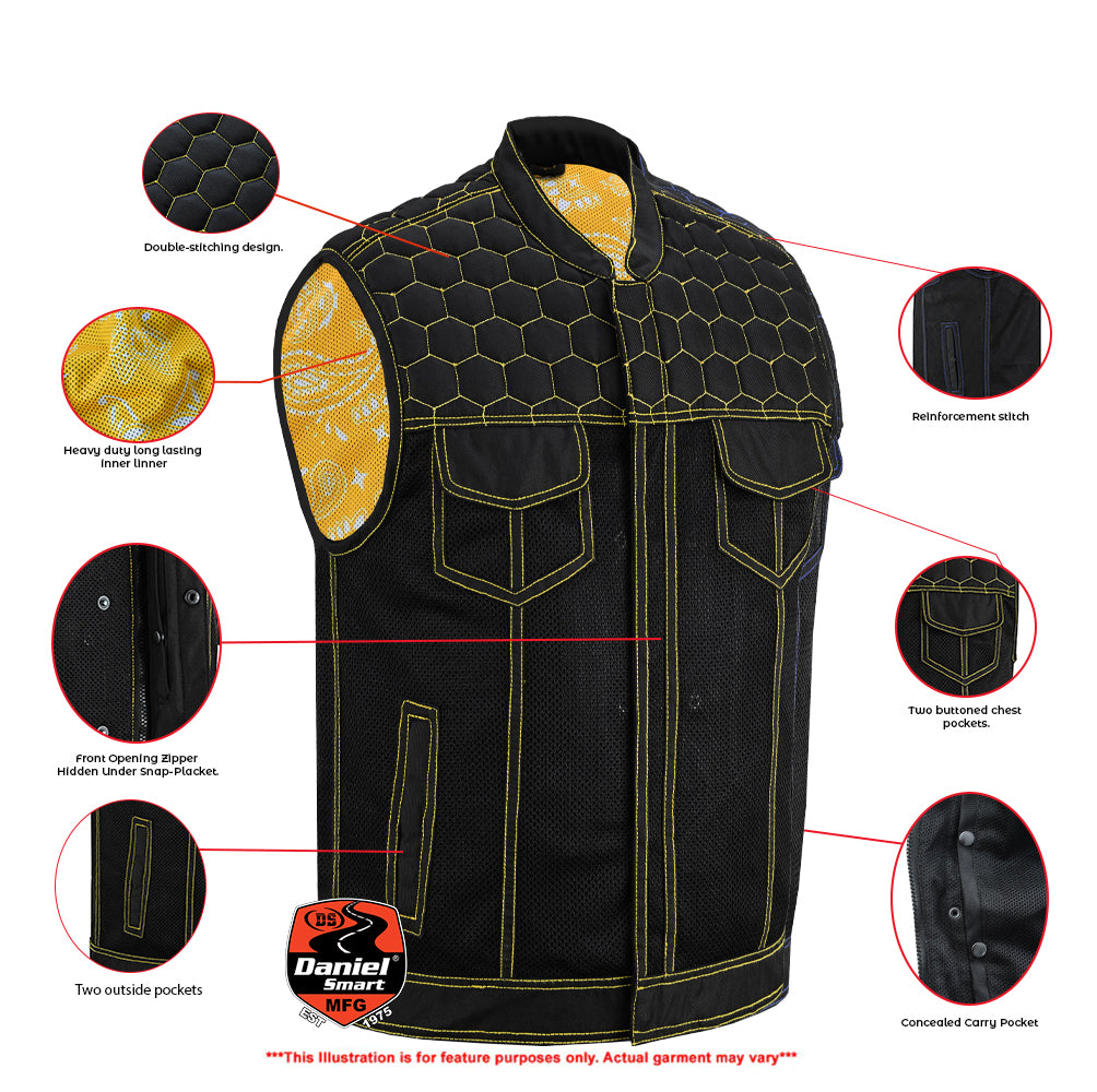 Gloom Gold Men’s Black Mesh Textile Vest with Yellow Thread Detailing