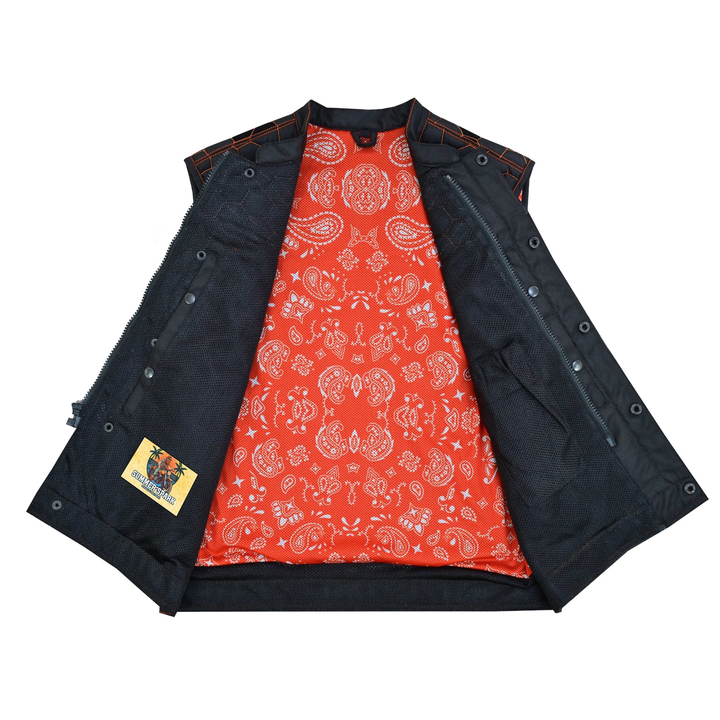 Night Tiger Men’s Black Mesh Textile Vest with Orange Diamond Stitch