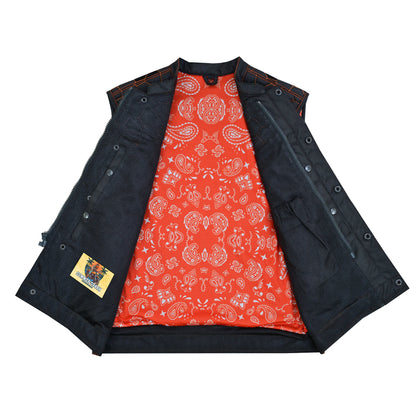 Night Tiger Men’s Black Mesh Textile Vest with Orange Diamond Stitch