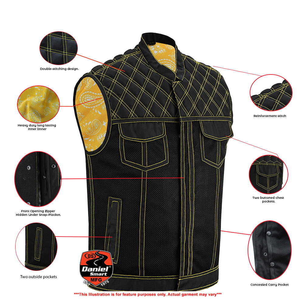 Nitro Rush Men’s Black Mesh Textile Vest with Yellow Diamond Stitch