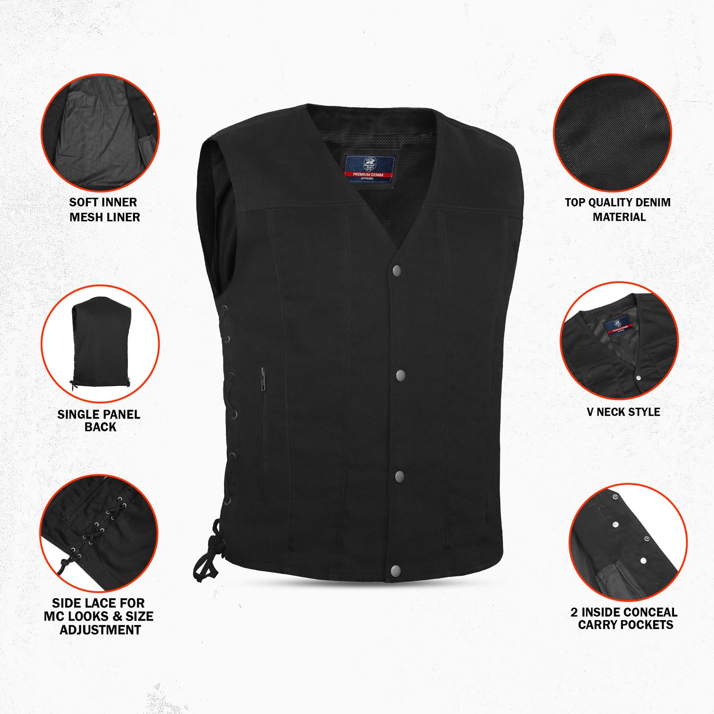 DM905BK Men's Single Back Panel Concealed Carry Denim Vest