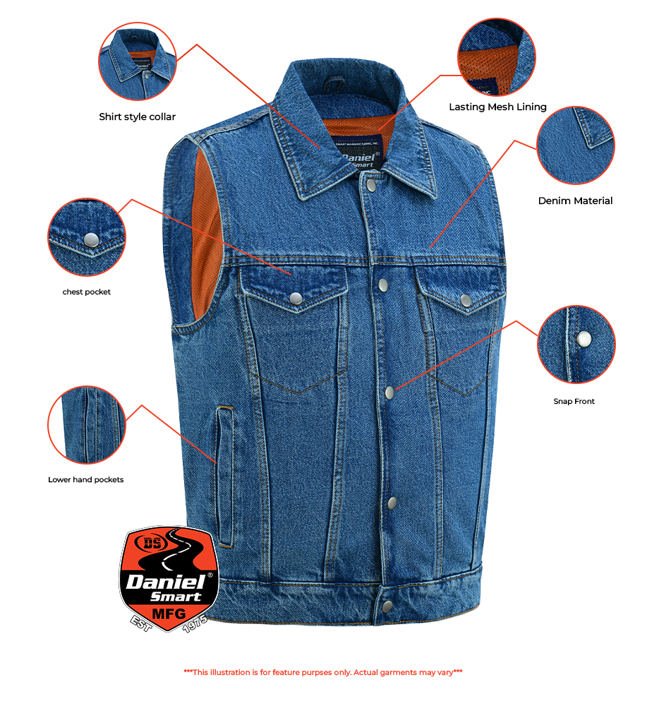 DM970BU Snap Front Denim Vest- Blue