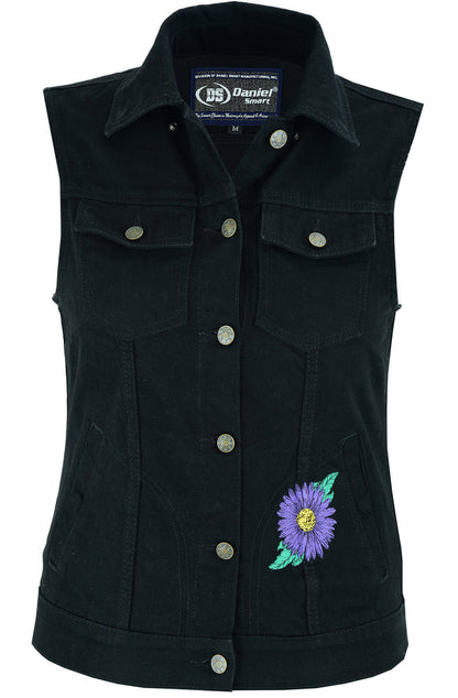 DM945 Women's Black Denim Snap Front Vest with Purple Daisy