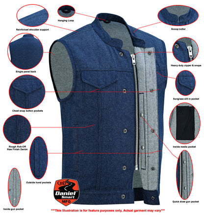 DM976 Men's Blue Rough Rub-Off Raw Finish Denim Vest