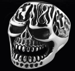 R122 Stainless Steel Fire Face Skull Biker Ring