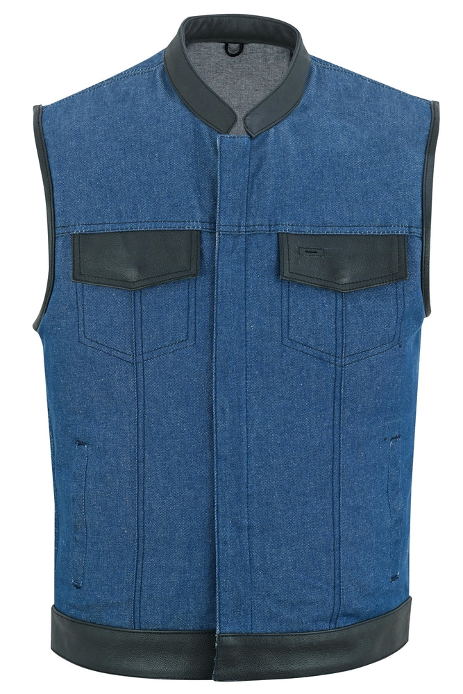 DM961 Men's Broken Blue RoughRub-Off Raw Finish Denim Vest W/Leather