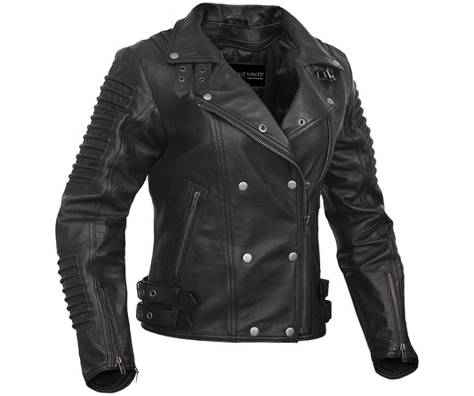 Shadow Queen Women's Black Fashion Leather Jacket with Ribbed Accents