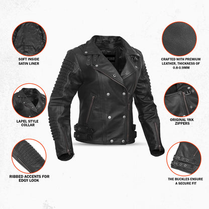 Shadow Queen Women's Black Fashion Leather Jacket with Ribbed Accents