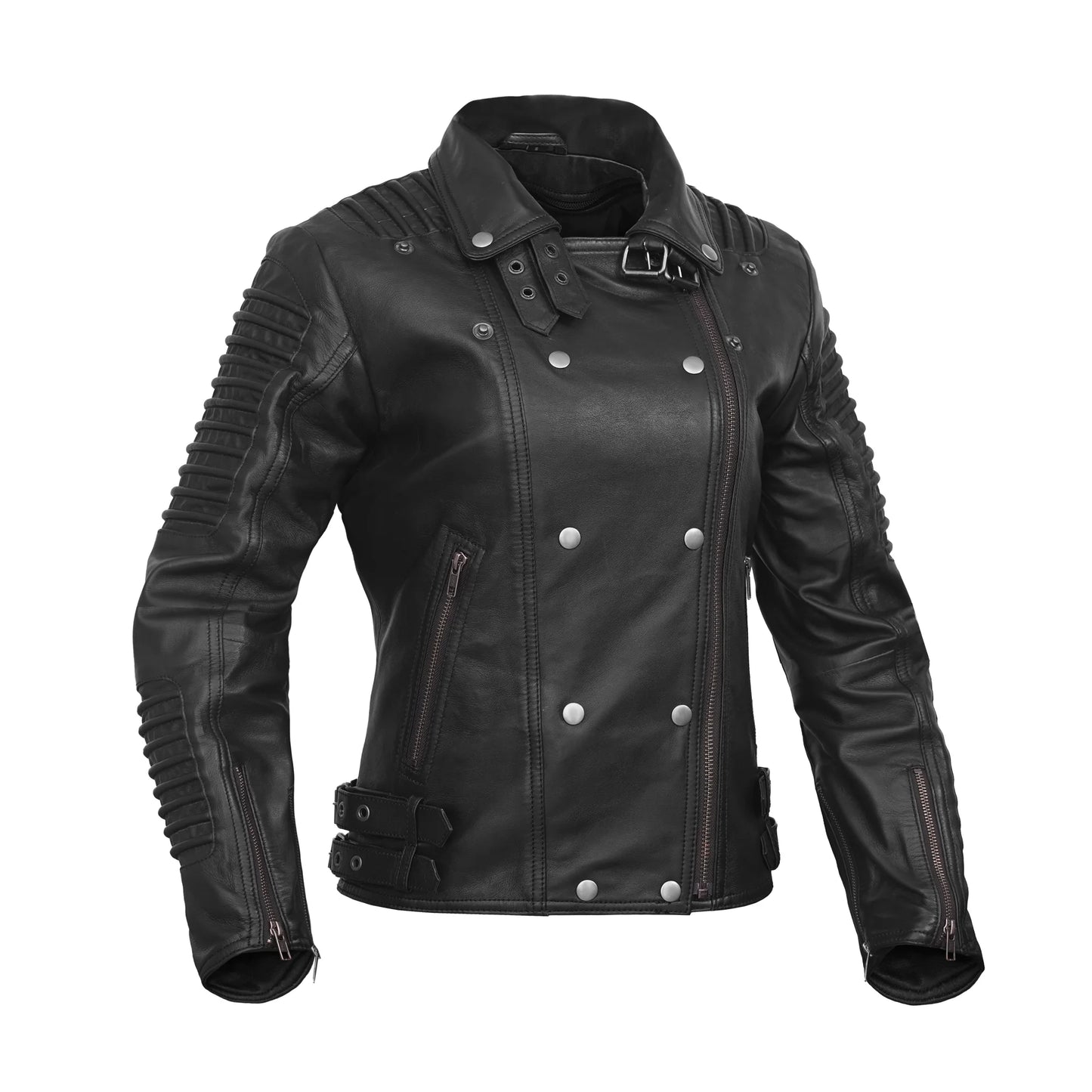 Shadow Queen Women's Black Fashion Leather Jacket with Ribbed Accents