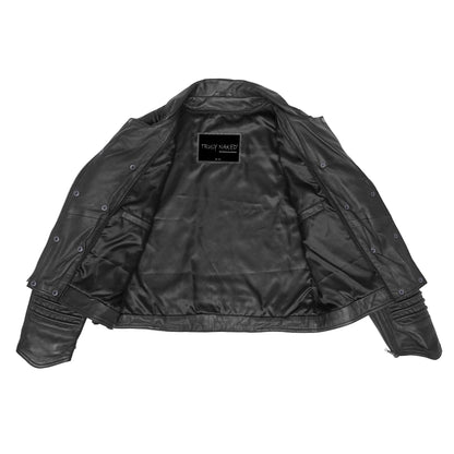 Shadow Queen Women's Black Fashion Leather Jacket with Ribbed Accents