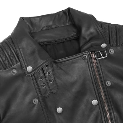 Shadow Queen Women's Black Fashion Leather Jacket with Ribbed Accents
