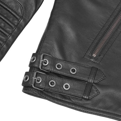 Shadow Queen Women's Black Fashion Leather Jacket with Ribbed Accents